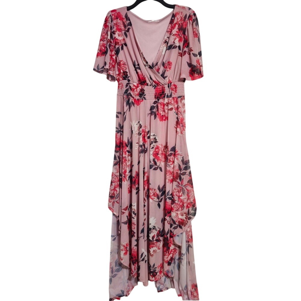 Maurices Pink Floral Flutter Sleeve Maxi Dress Smocked Waist Size S EUC